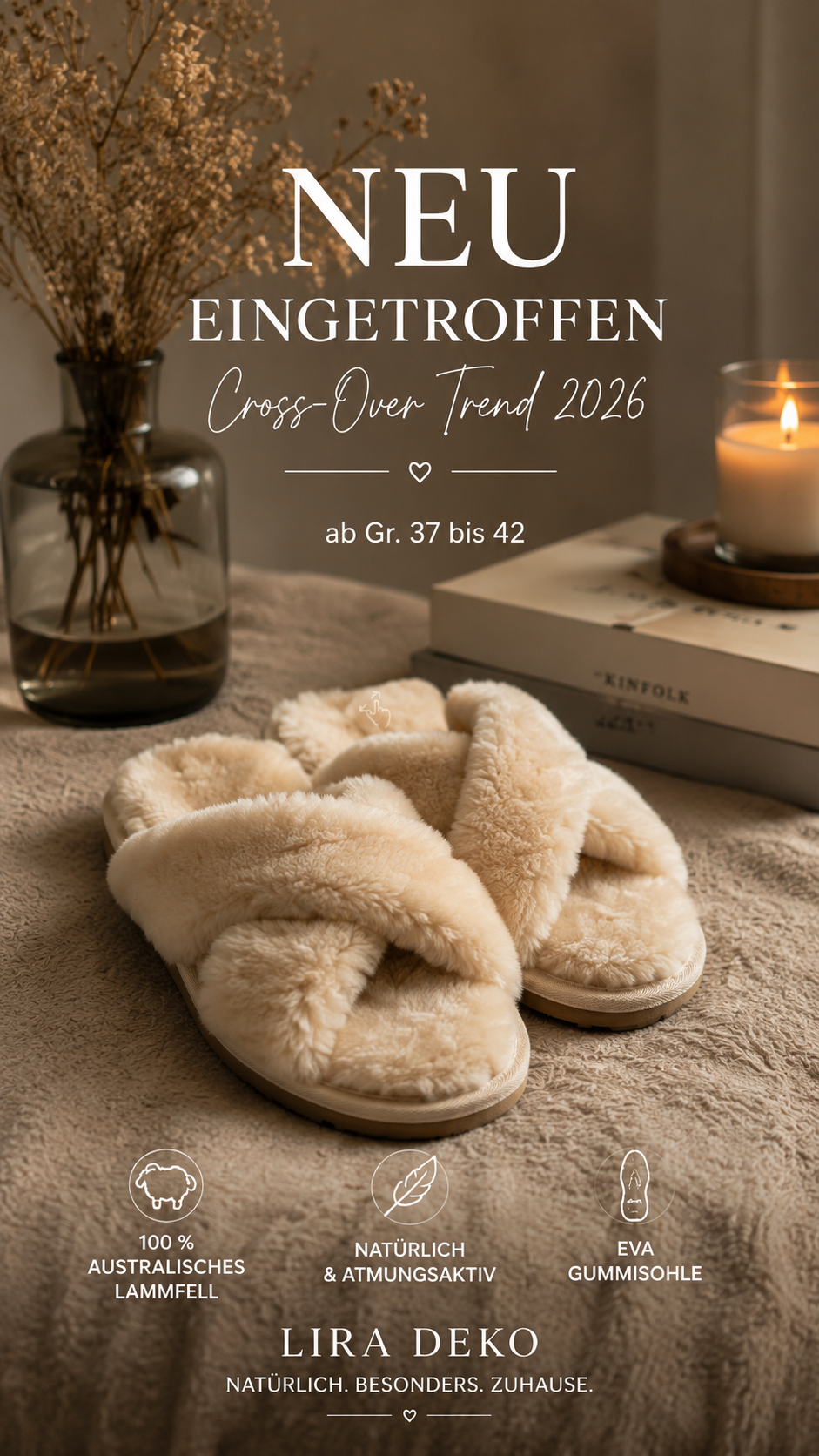 Lammfell Hausschuhe Damen Cross Over – offene Pantoffeln aus echtem Lammfell