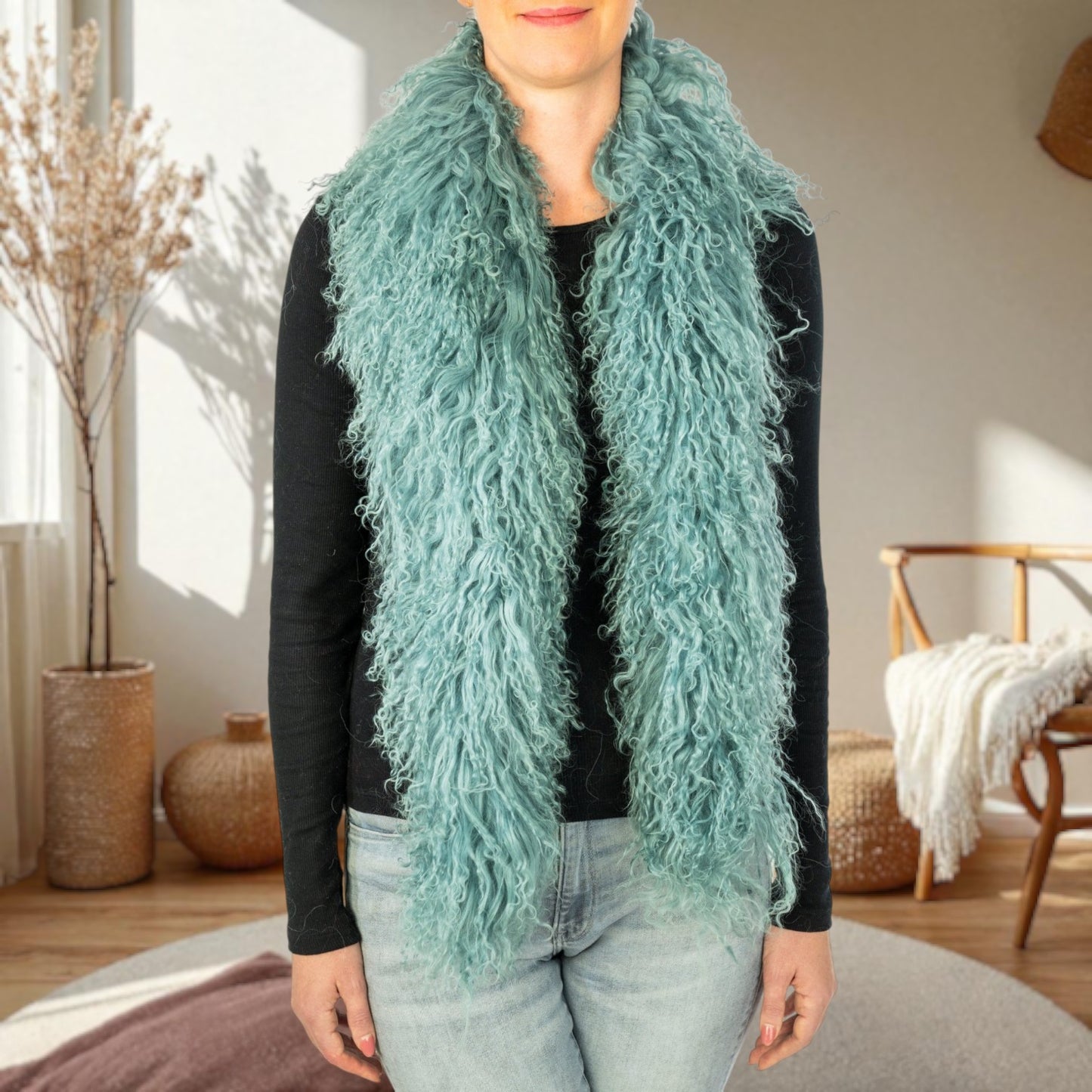 Tibetlamm Schal Boa / Lammfell Schal handgefertigt in blue green