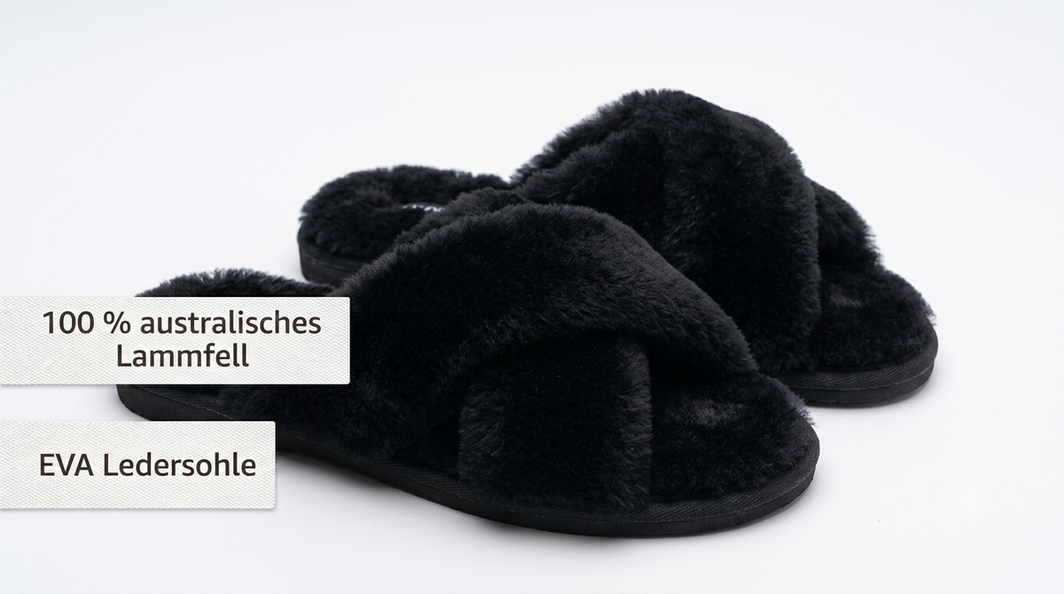 Lammfell Hausschuhe Damen Cross Over – offene Pantoffeln aus echtem Lammfell