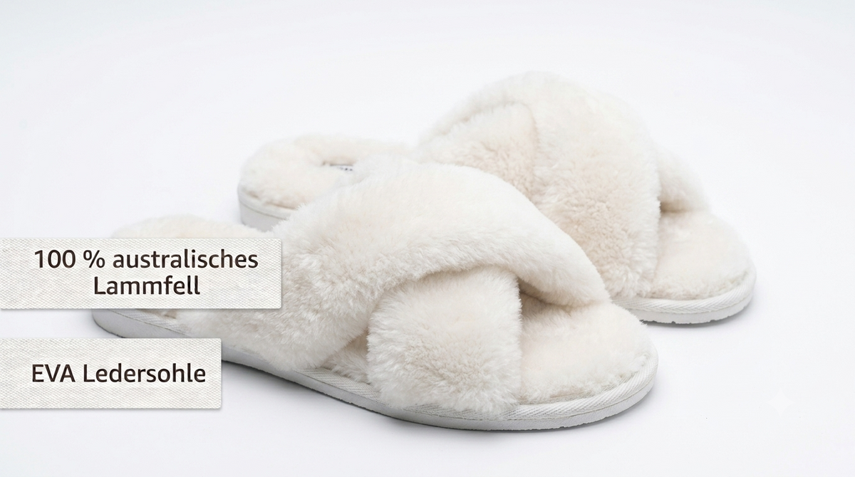 Lammfell Hausschuhe Damen Cross Over – offene Pantoffeln aus echtem Lammfell