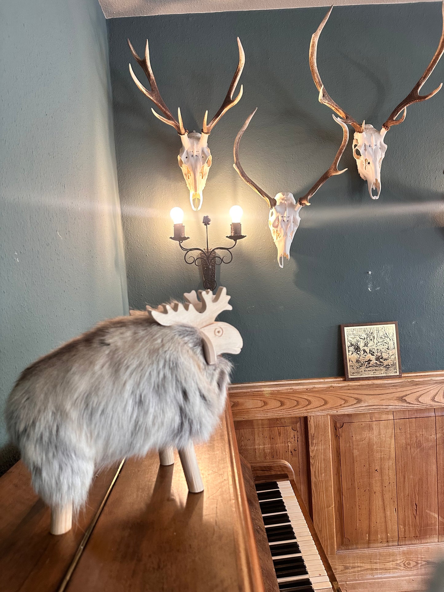 Holzhirsch Elch mit echtem Fell und Fichtenholz nordische skandi Boho Deko handmade